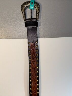 American Bison Leather Studded Western Belt with Tooled Brown  leather